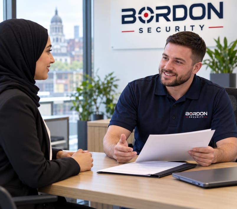 A Bordon Security team member talks with a candidate across a table in a bright office, beneath a Bordon Security sign.