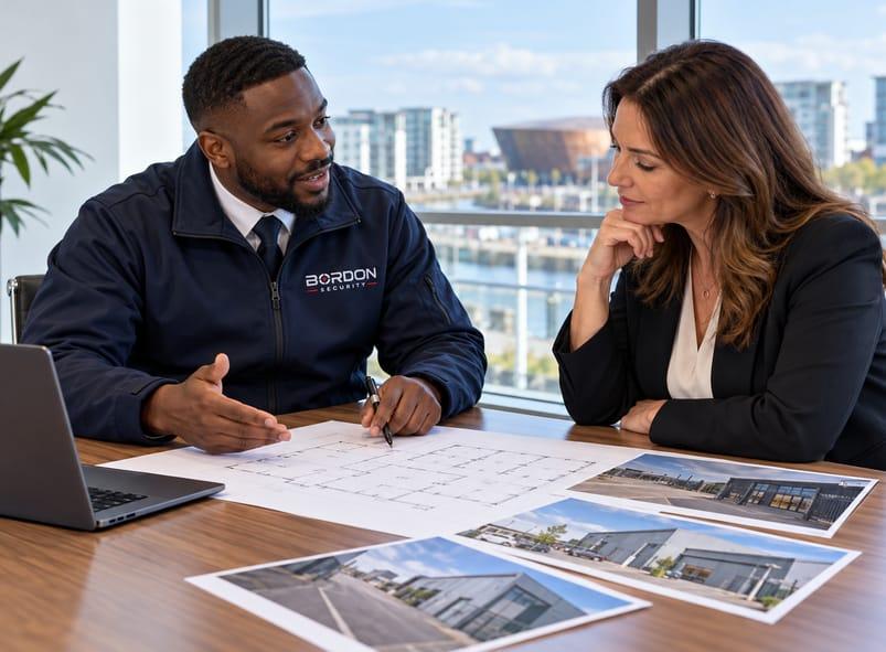 A Bordon Security officer and a client review site plans and photographs together at a table.