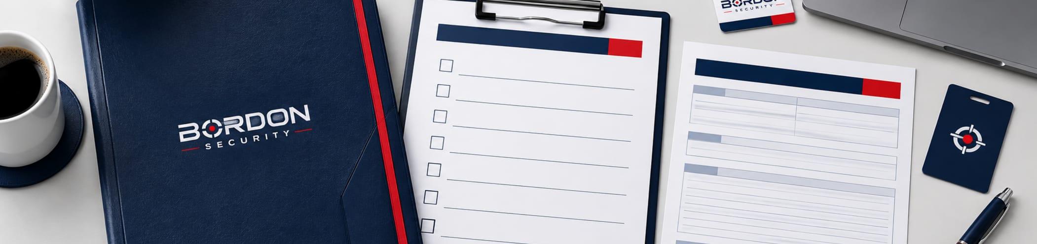A Bordon Security folder, checklists and documents laid out on a desk with a pen and identification badge.