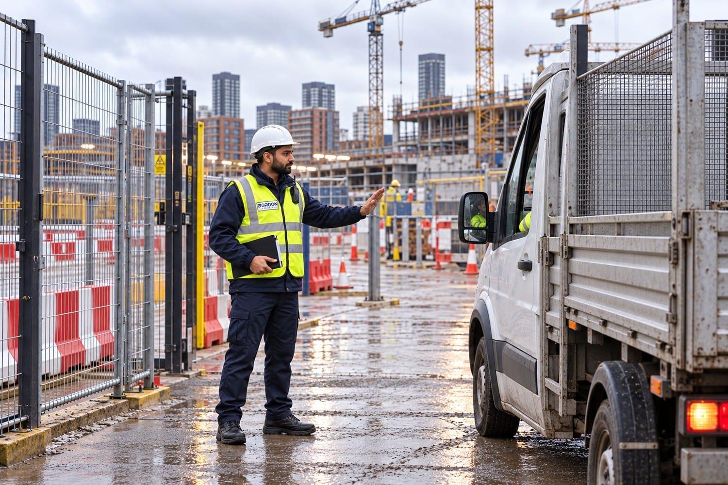A security officer in a hi-vis vest and hard hat, wearing a Bordon Security badge, signals to a delivery van at the gate of a construction site.