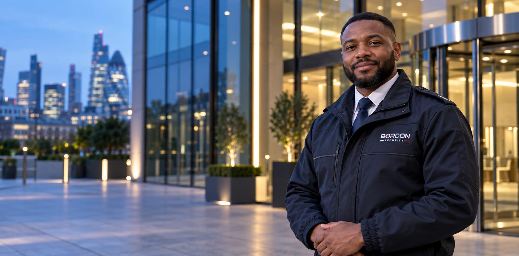 A smiling Bordon Security officer stands outside a glass-fronted corporate building at dusk, with a city skyline behind.