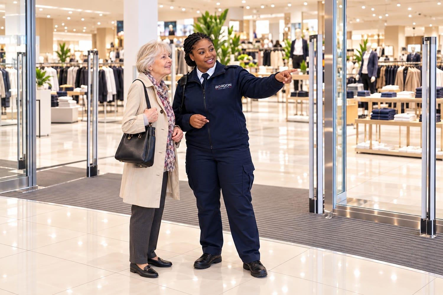 A Bordon Security officer points an older customer towards where she needs to go, at the entrance to a bright, busy department store.