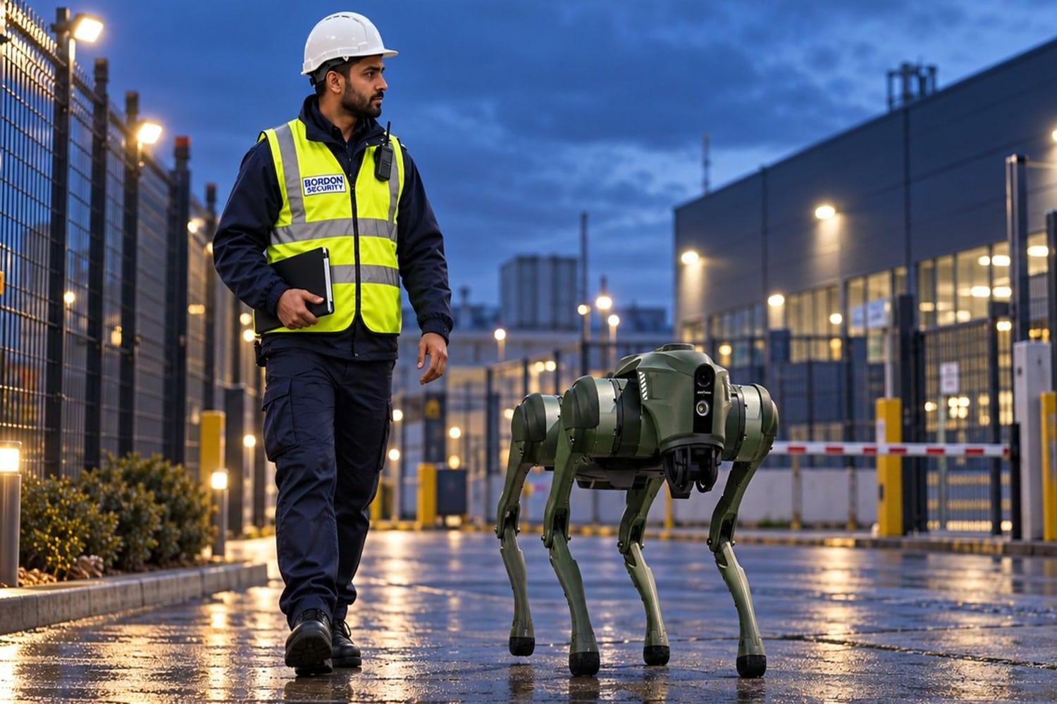 An illustrative AI-generated image of an officer in a hi-vis vest and hard hat walking beside a military-green four-legged robotic patrol unit along a lit, fenced perimeter at dusk.