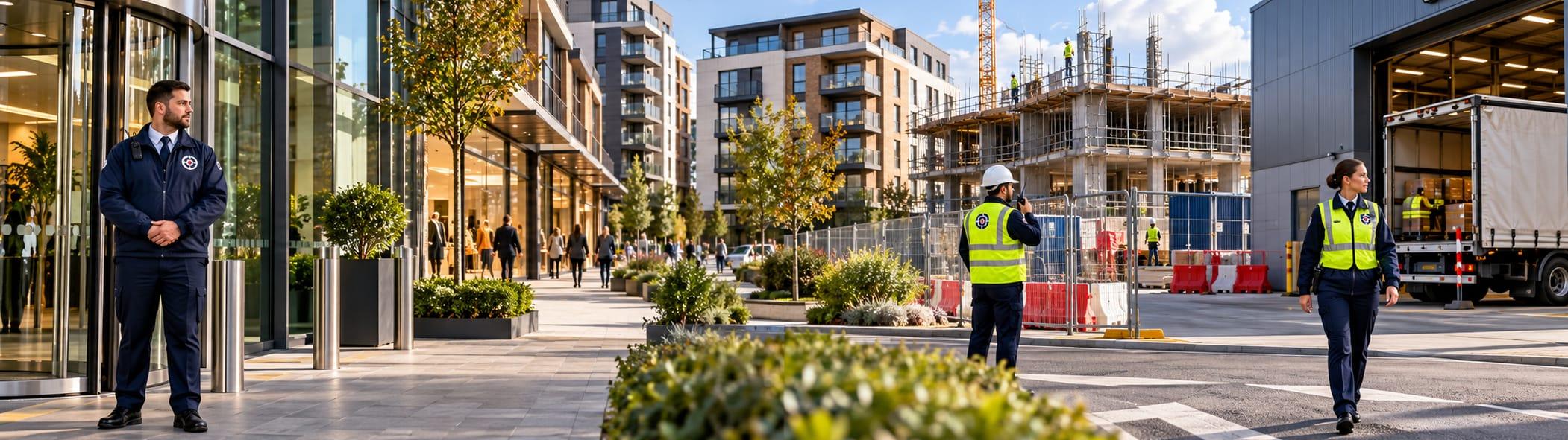 A wide view of a mixed-use business district with retail units, apartments and a construction site, with security officers on duty.