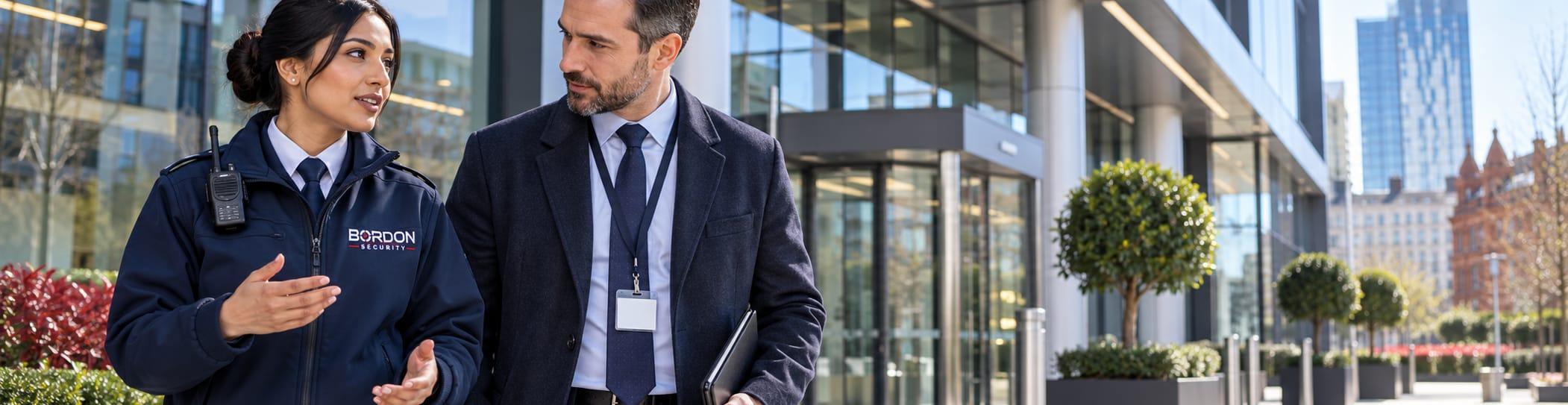 A Bordon Security officer talks with a visitor wearing a lanyard as they walk past a modern office building.