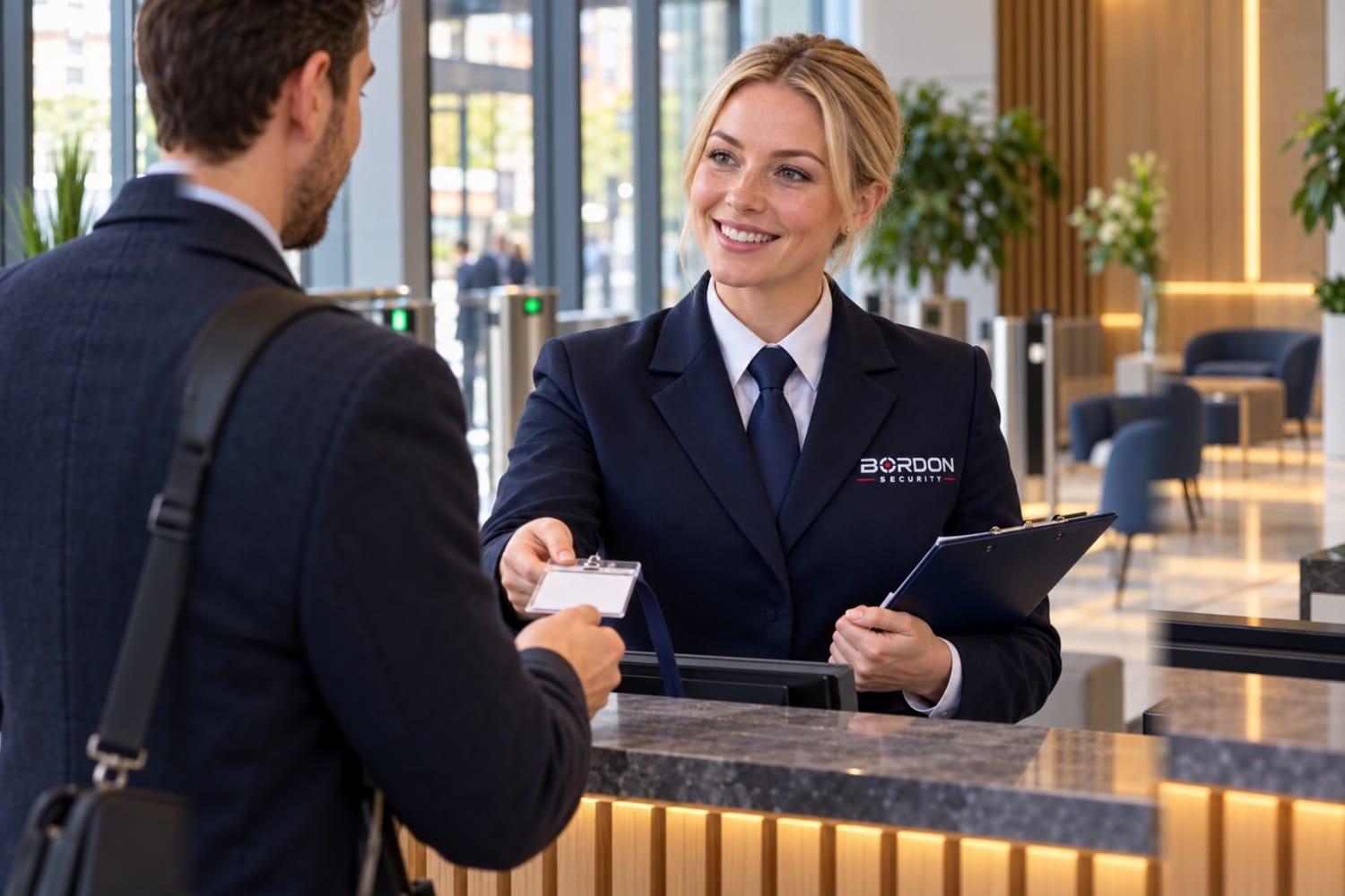 A smiling Bordon Security officer at a reception desk hands a visitor pass to a visitor, with access turnstiles visible behind them.