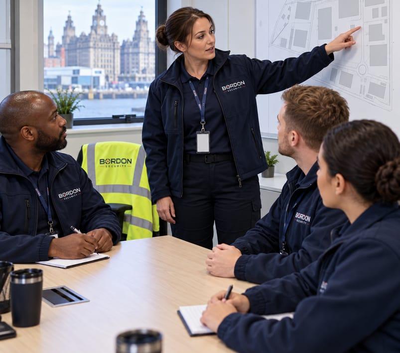 A Bordon Security supervisor briefs a small team of officers around a table, with a site plan on the wall behind.